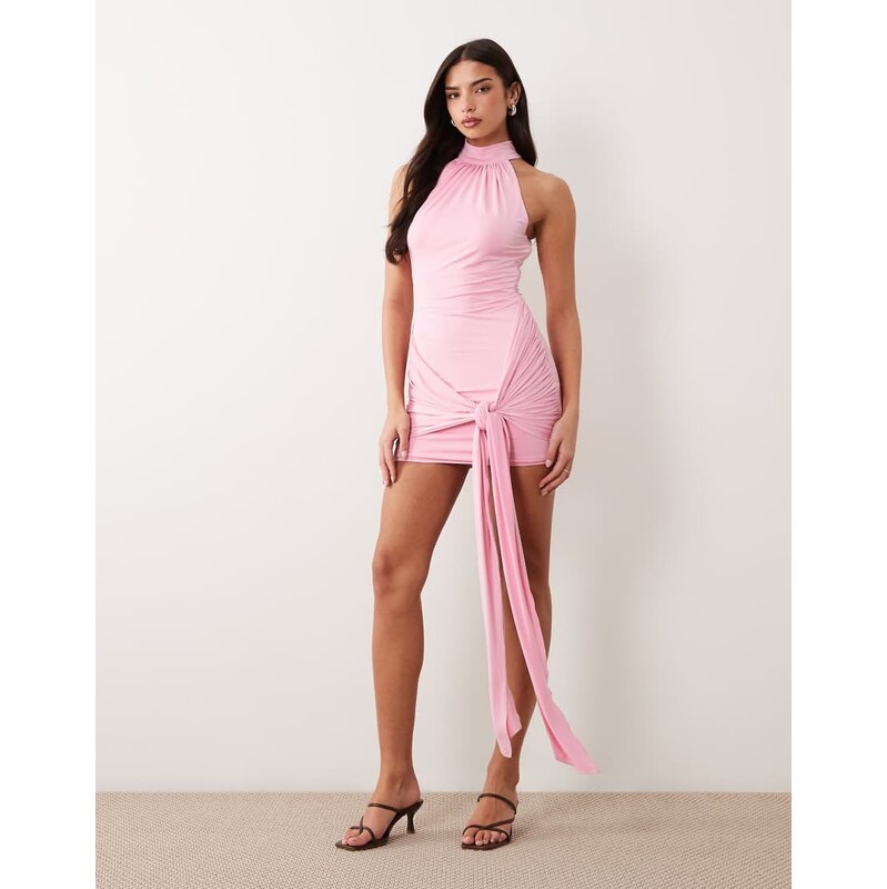 Ruched & Ready premium sculpting halterneck drape knot waist detail 115414103