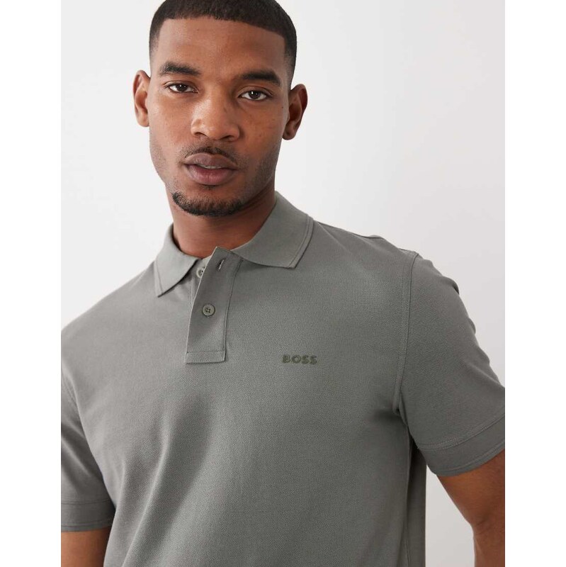 BOSS Orange prime tonal logo cotton pique polo shirt in mid grey