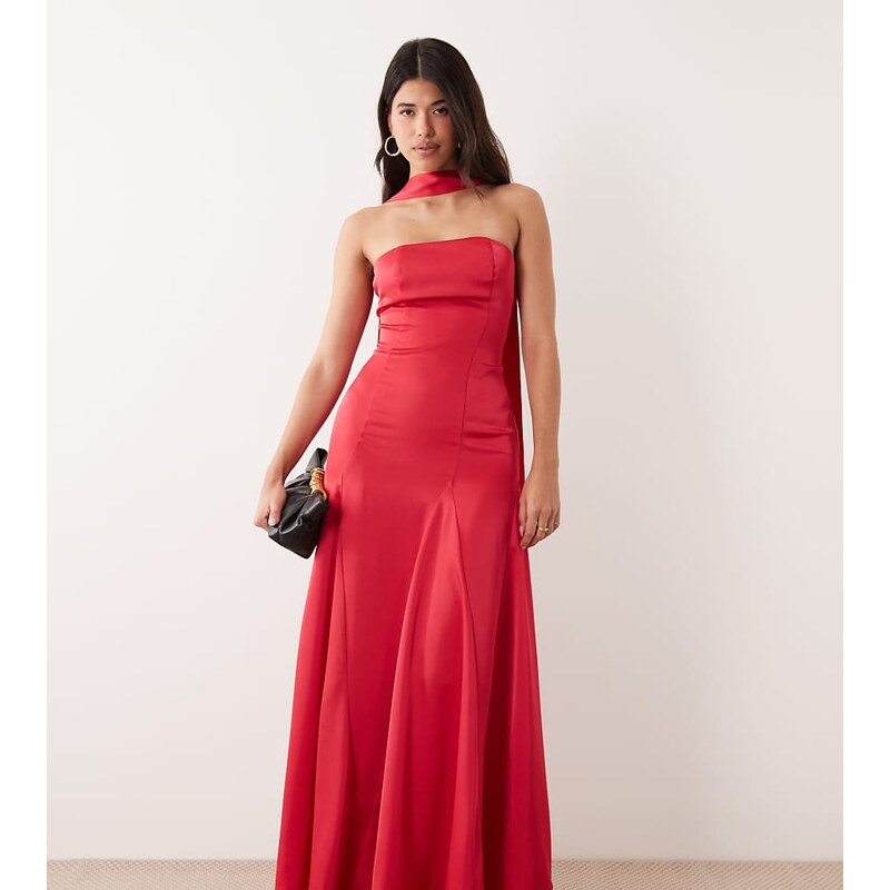 Kaiia exclusive satin scarf detail bandeau godet hem maxi dress