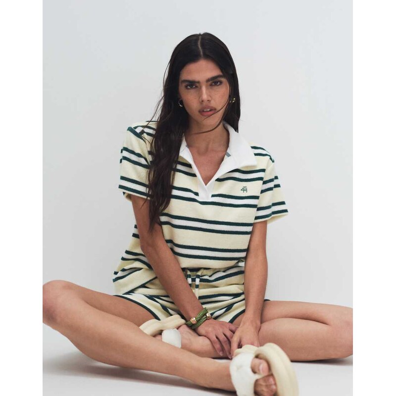 4th & Reckless towelling collared polo top co-ord in yellow stripe 106911628