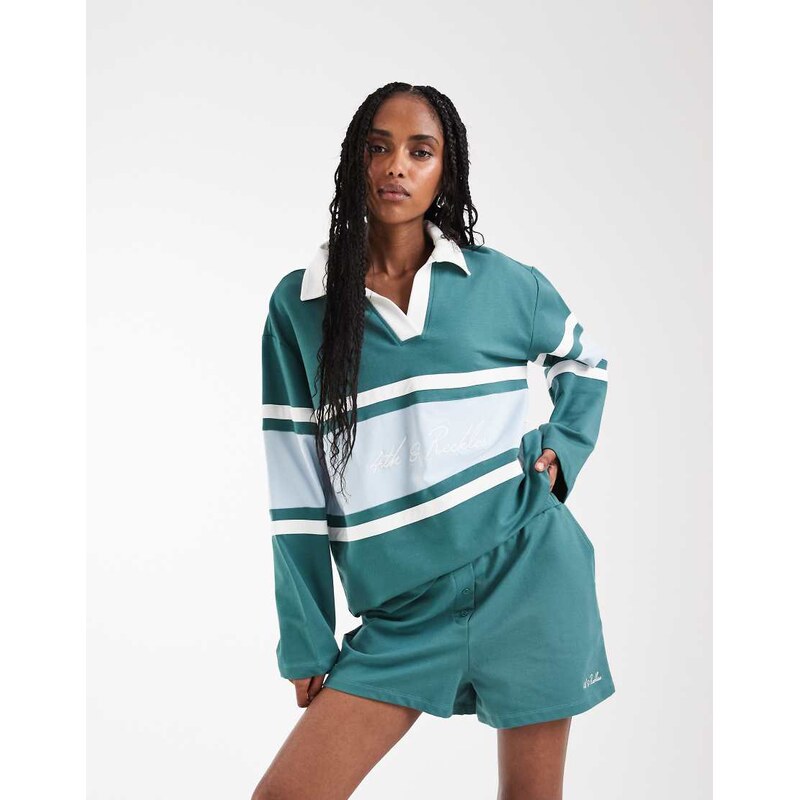 4th & Reckless collared panel logo front rugby top co-ord in green 115414115