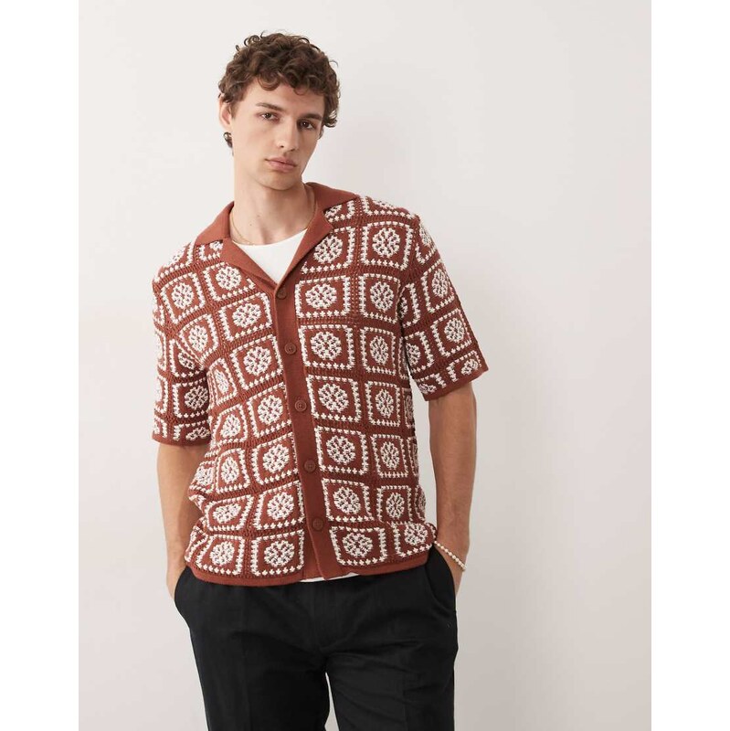 ONLY & SONS crochet shirt in rust brown with cream floral detail