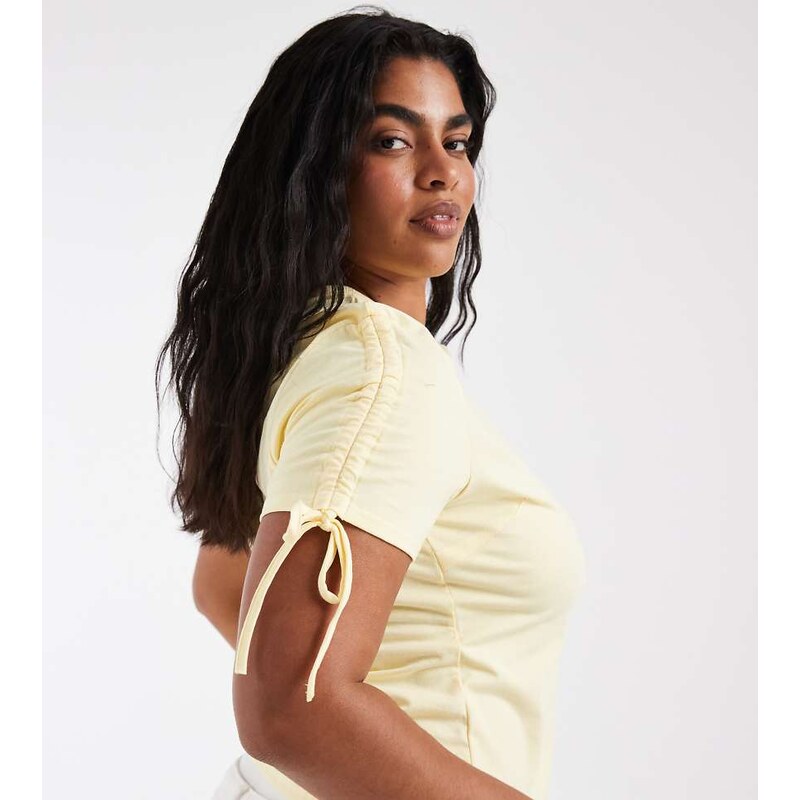 Pieces Plus Pieces Curve ruched shoulder t-shirt in pastel yellow 115414159