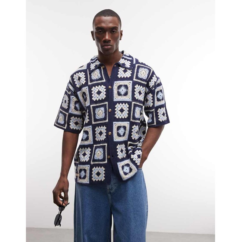 BLKVIS crochet square shirt in blue multi
