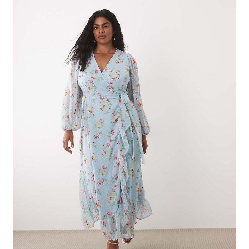 Vila Curve dobby wrap maxi dress with frill detail in light blue
