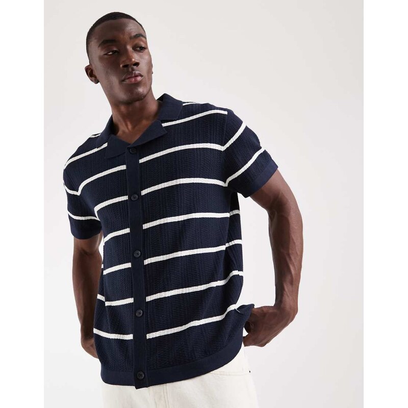 JJ Rebel knitted button shirt with stripe in navy