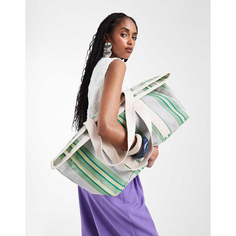 South Beach casual beach tote bag in green stripe-Multi 115414044