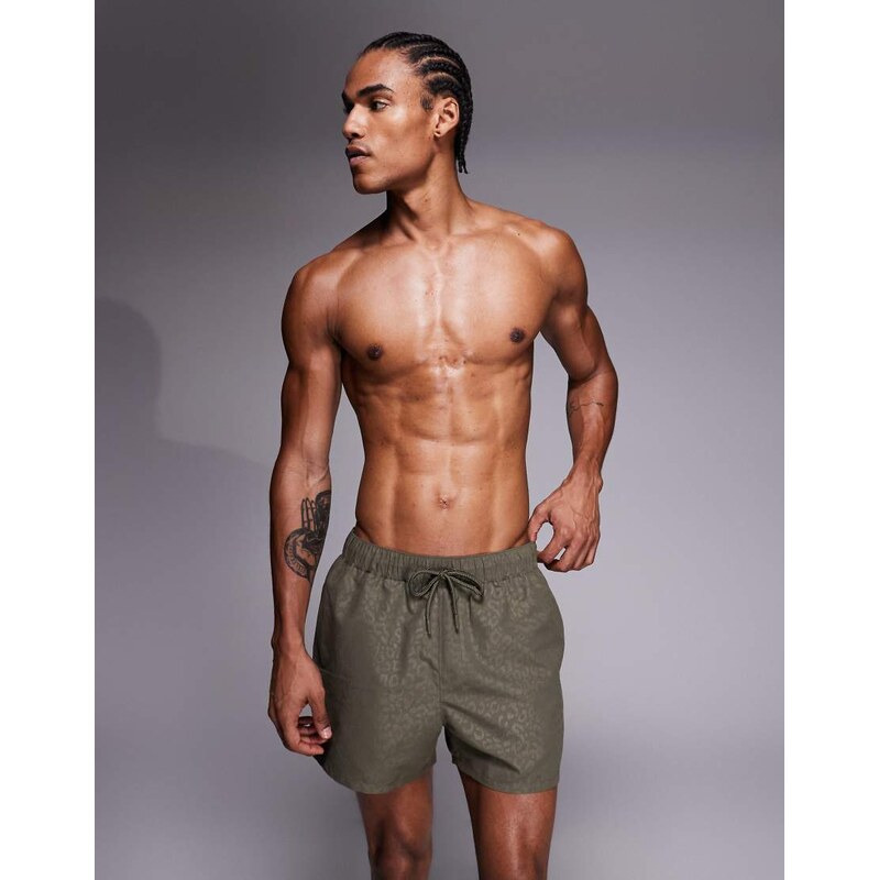ASOS DESIGN swim shorts in short length in khaki leopard