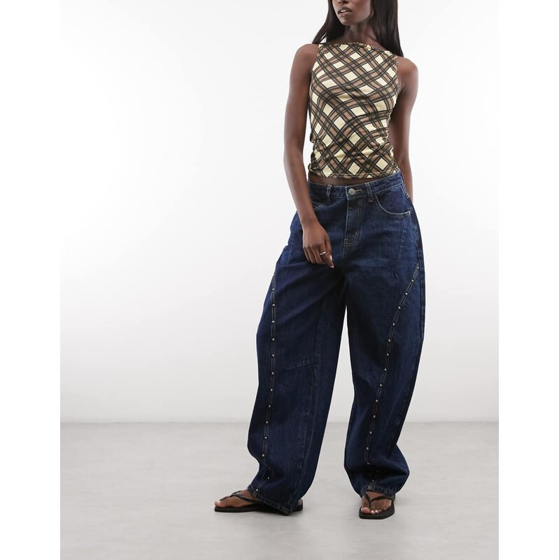 Daisy Street mid rise barrel leg studded jeans in blue wash