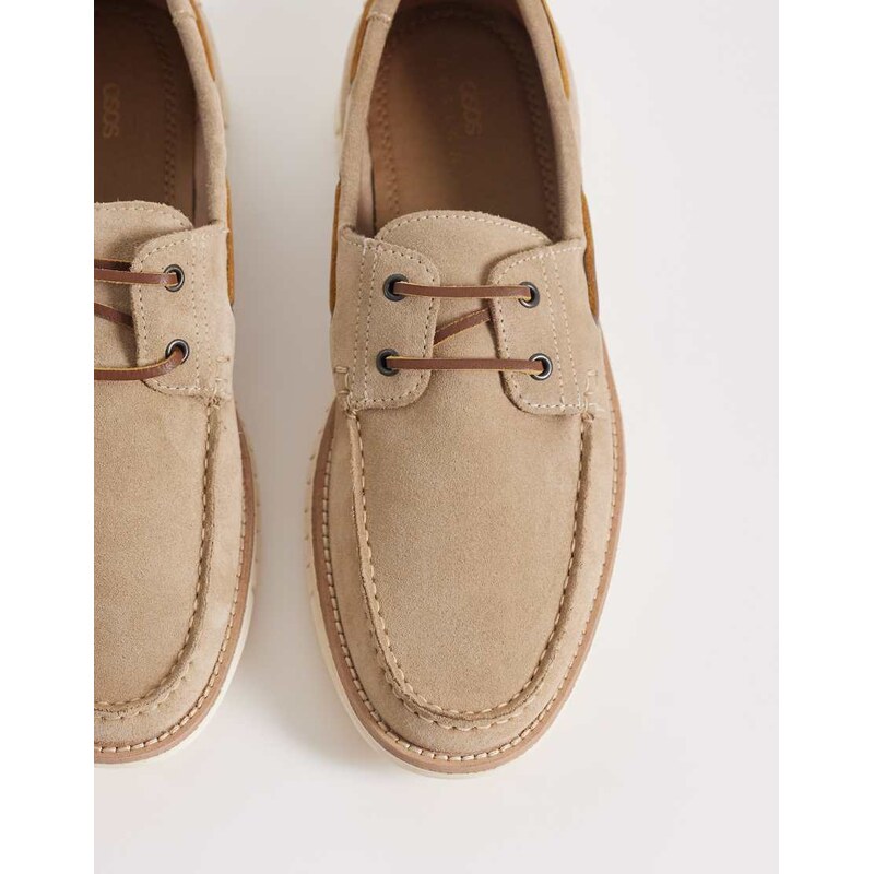 ASOS DESIGN boat shoes in stone suede-Neutral