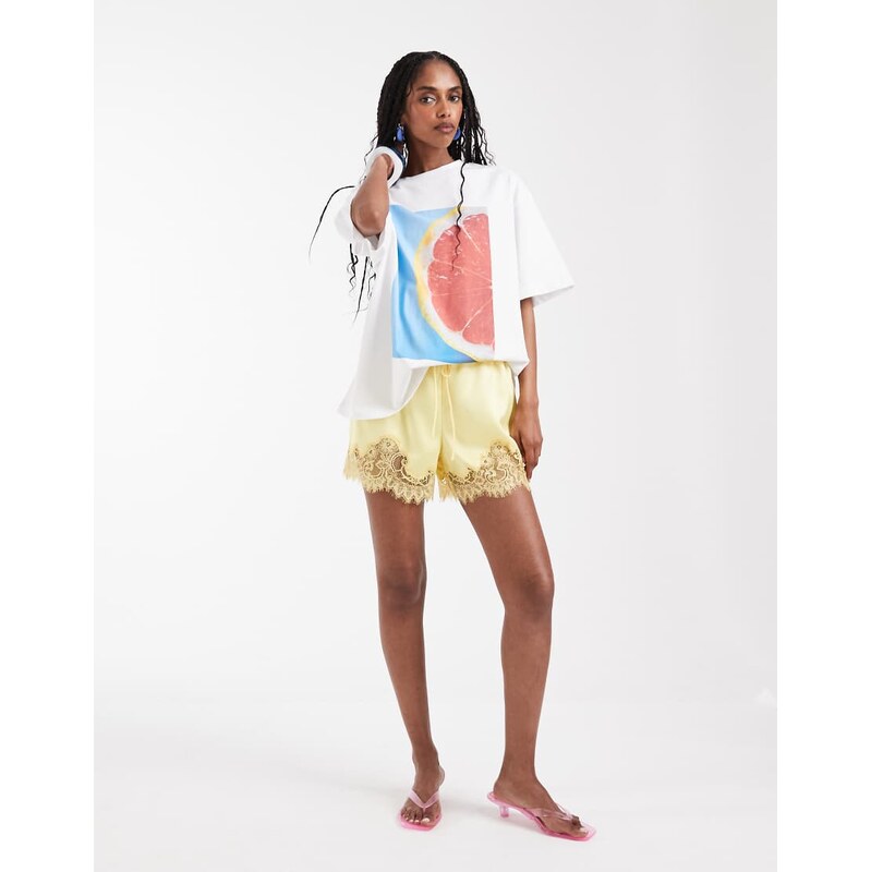 ASOS DESIGN satin lace trim drawstring waist short in butter