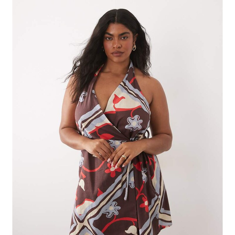 ASOS Curve ASOS DESIGN Curve cotton linen halter neck wrap mini 115519762