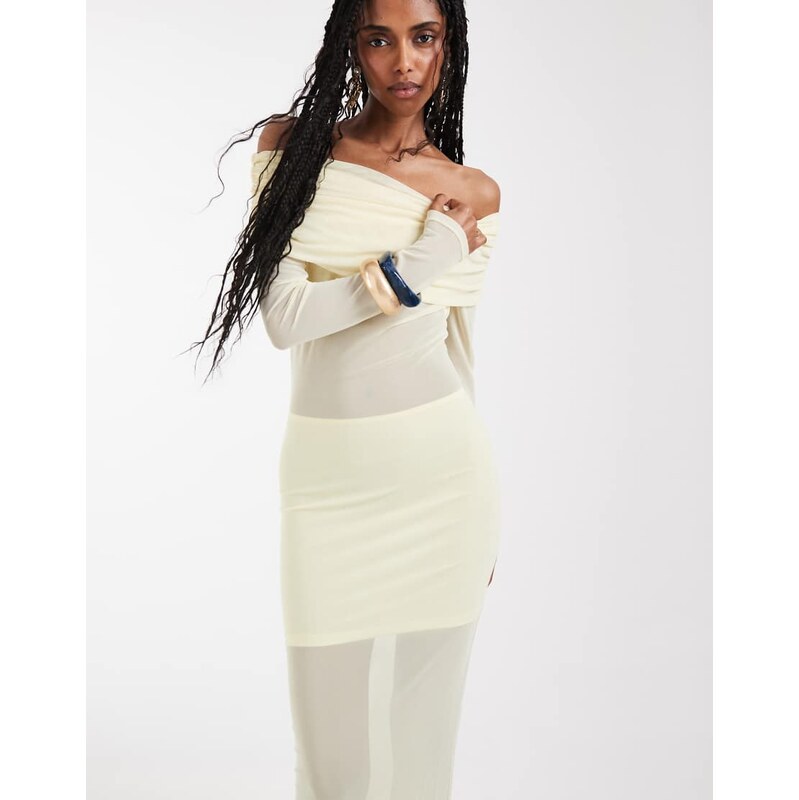 Aria Cove mesh bardot long sleeve exposed panel & sheer hem maxi