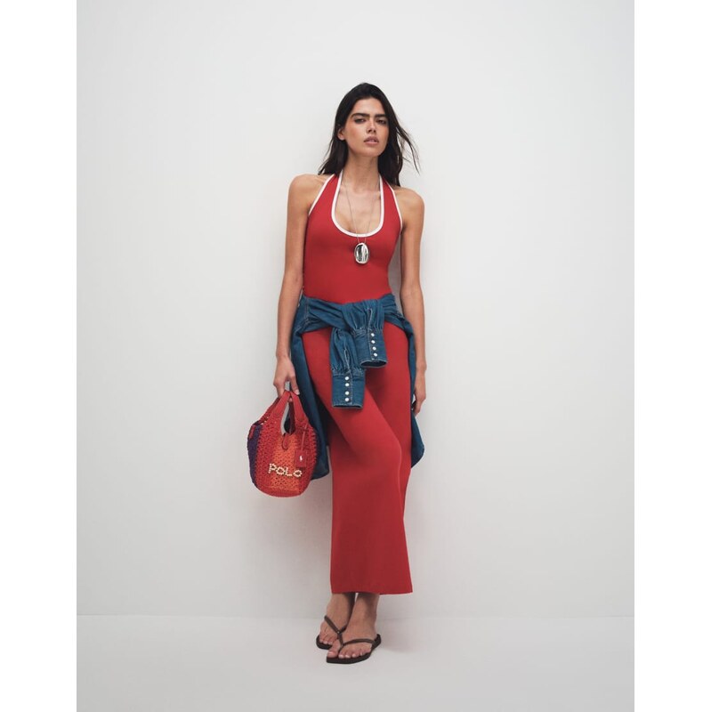 ASOS DESIGN halter midi dress with white contrast trim in red