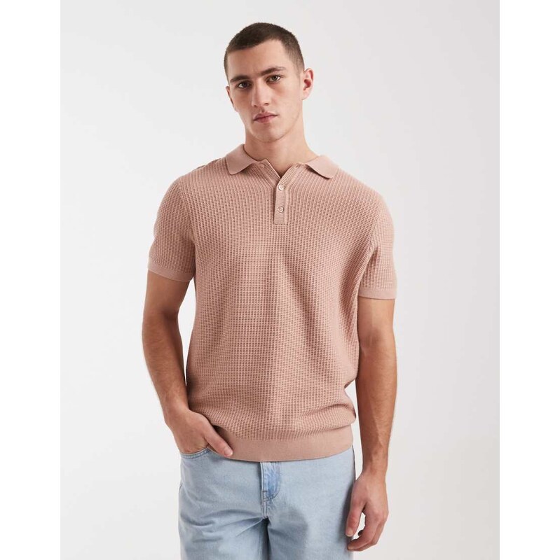 New Look knitted polo t-shirt in mid pink