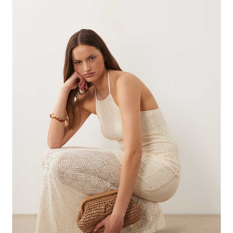 Vero Moda Tall stretch lace halter maxi dress in cream-White