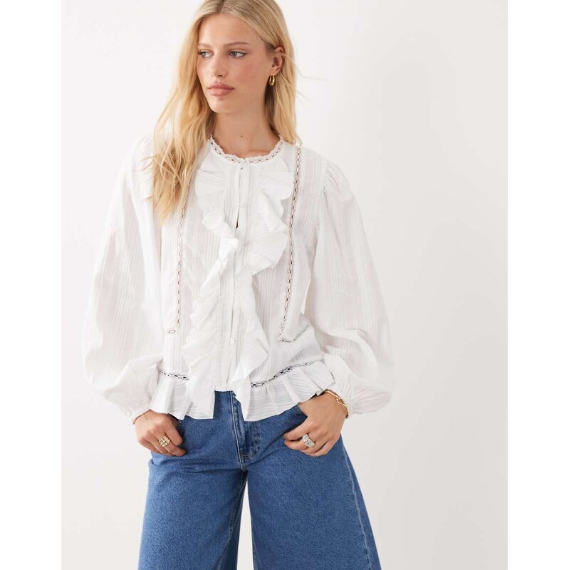 JDY volume sleeve ruffle detail shirt in white