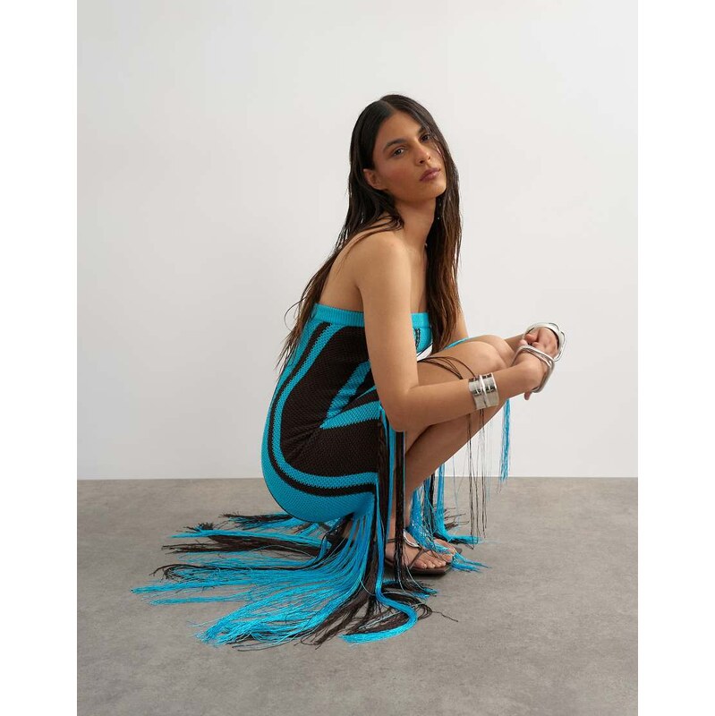Topshop knitted bold stripe tassel dress in turquoise and brown