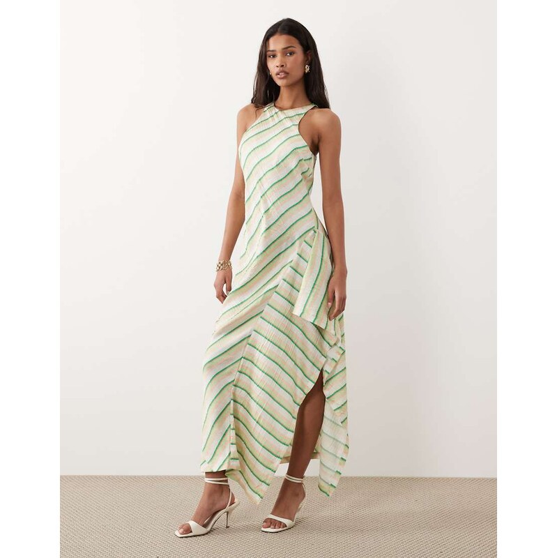 ASOS DESIGN satin racer midi dress with side ruffle detail in multi stripe