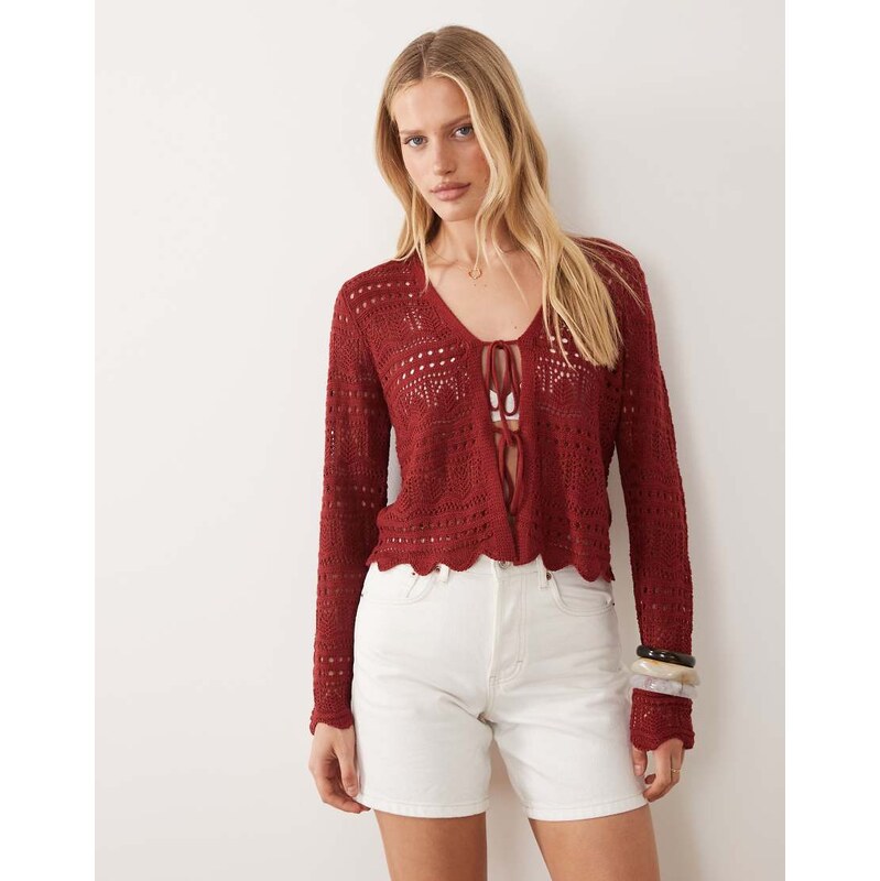 JDY tie front crochet cardigan in burgundy-Red