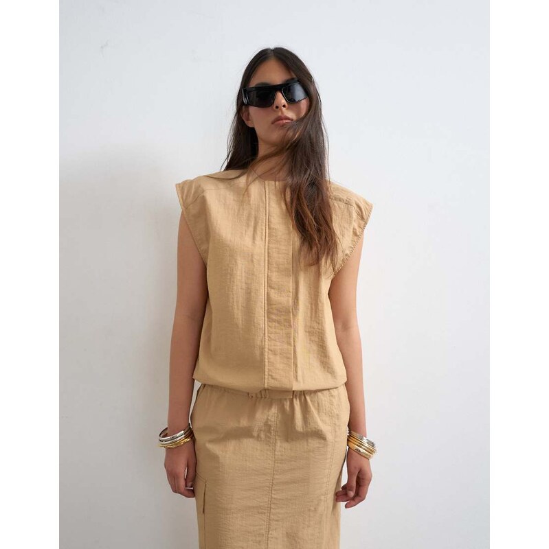Topshop utility concealed placket column maxi dress in beige