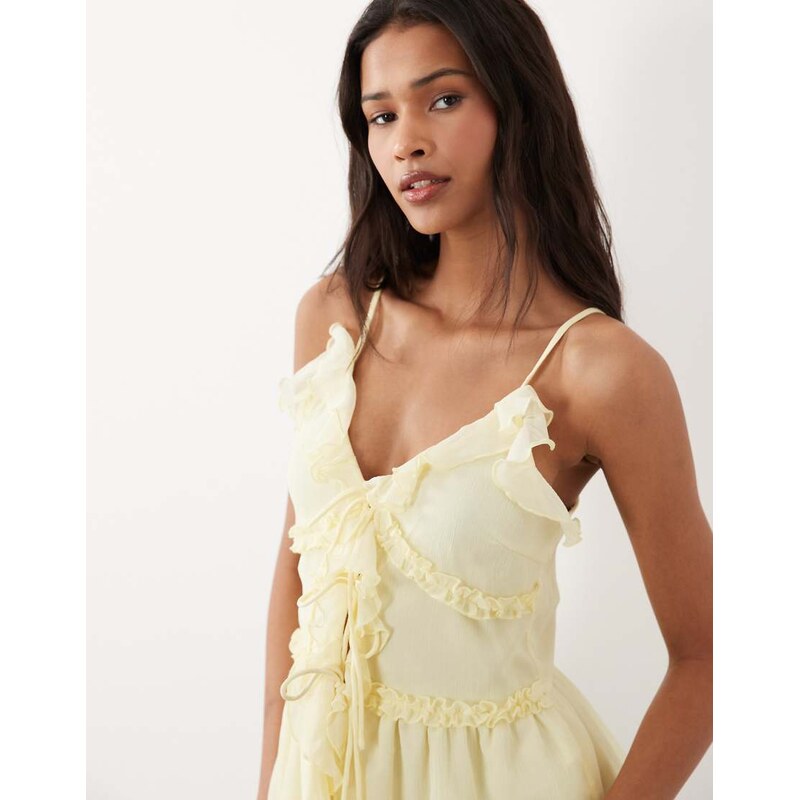 Vila tie front cami top with frill trim in pastel yellow
