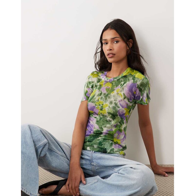 ASOS DESIGN sheer knitted second skin t-shirt in floral print