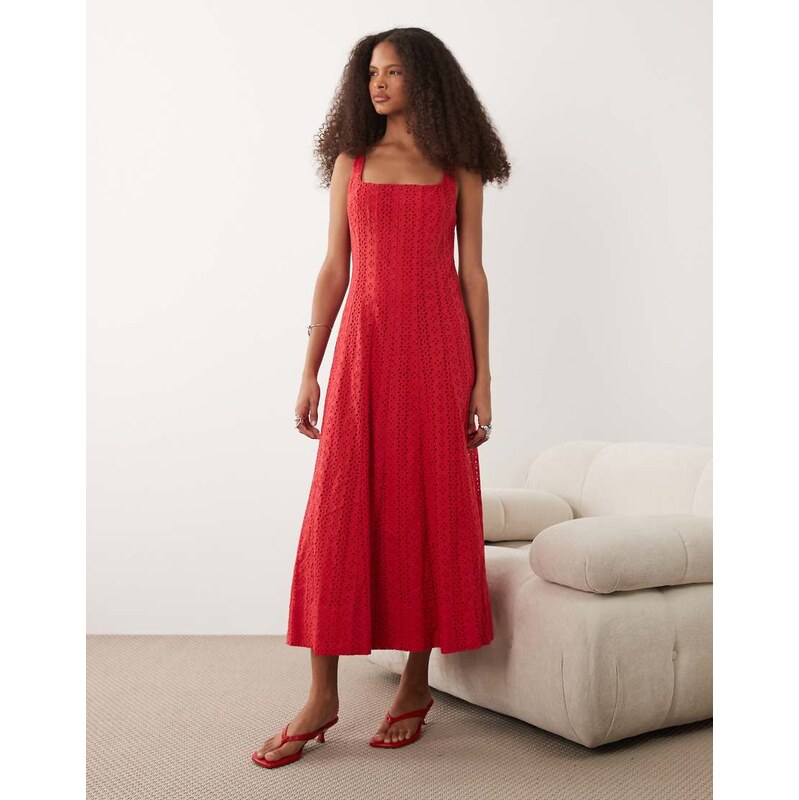 Mango 100% cotton square neck sleeveless embroidered midi dress