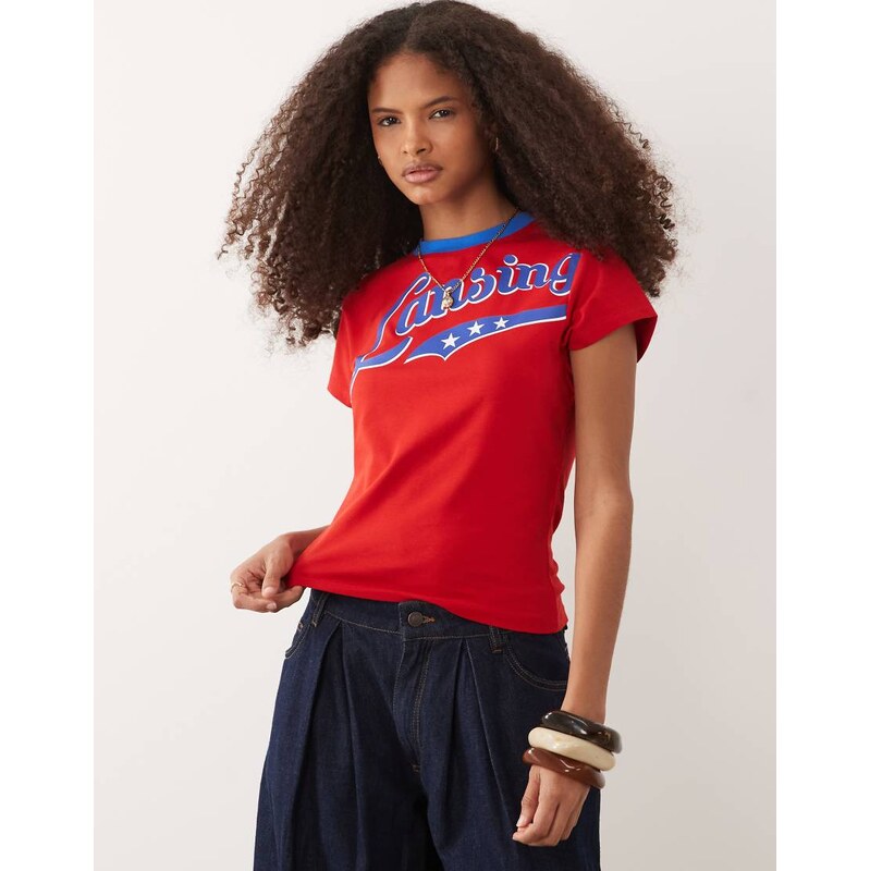 ASOS DESIGN short sleeve baby top with contrast in print-Red