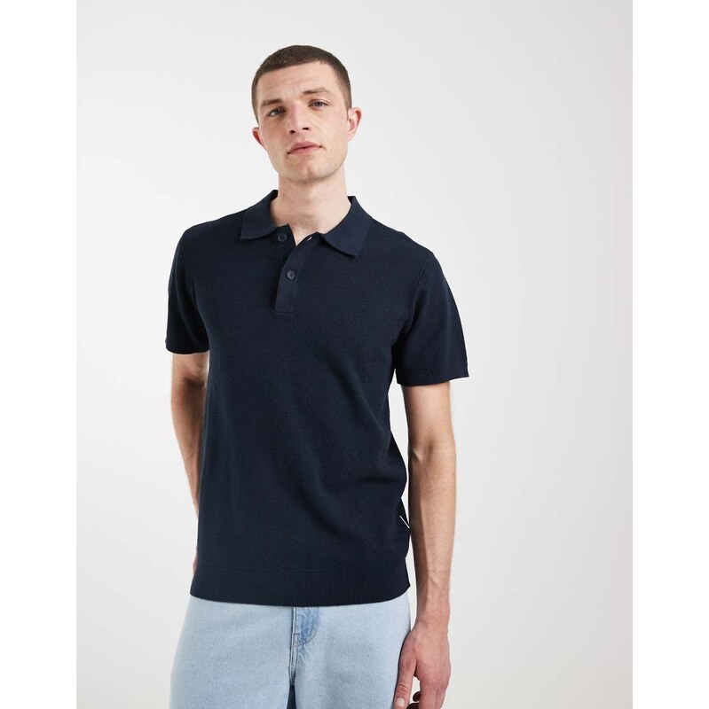 BLEND 100% cotton regular fit knitted polo in navy