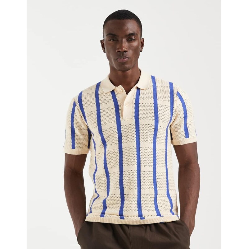 BLEND 100% cotton knitted polo in bleached sand stripe-Neutral