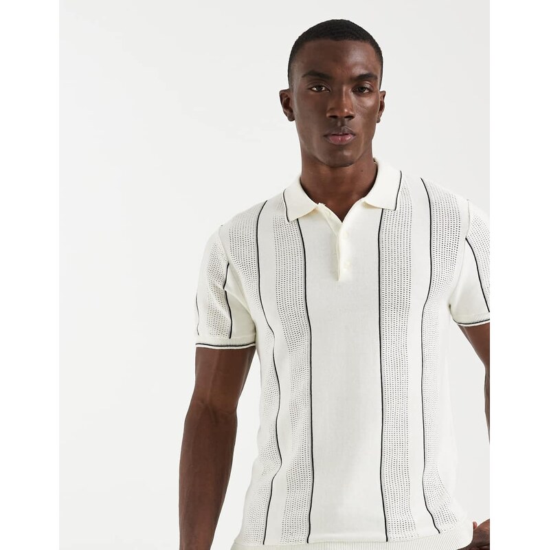 BLEND 100% cotton thin stripe slim fit knit polo in off white
