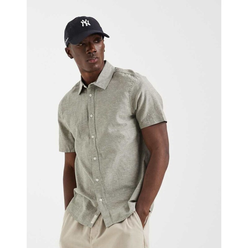 BLEND cotton-linen regular fit shirt in dusty olive-Green