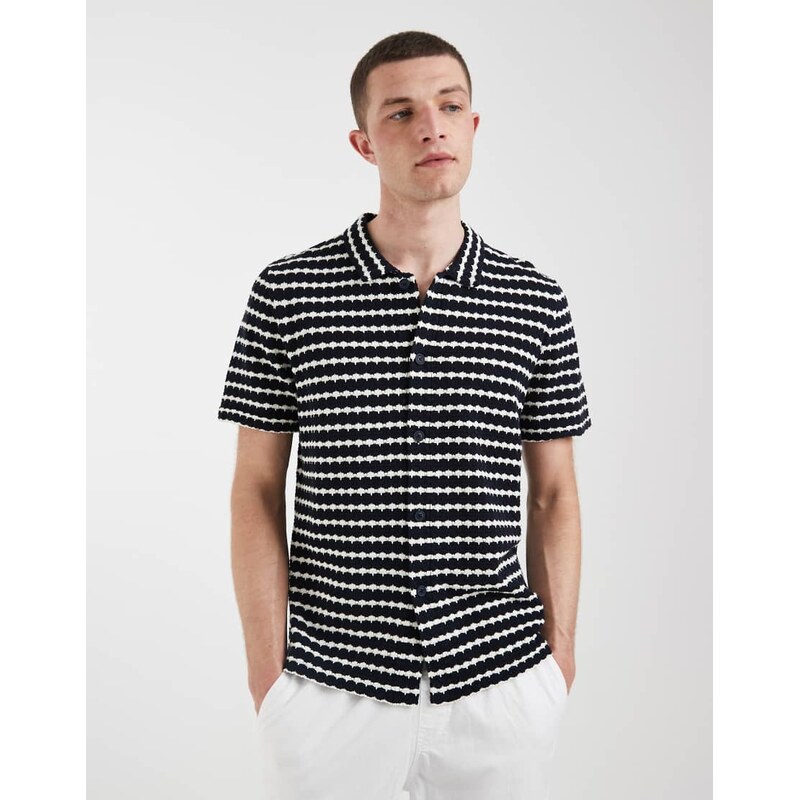 BLEND 100% cotton knitted crochet regular fit polo shirt in navy