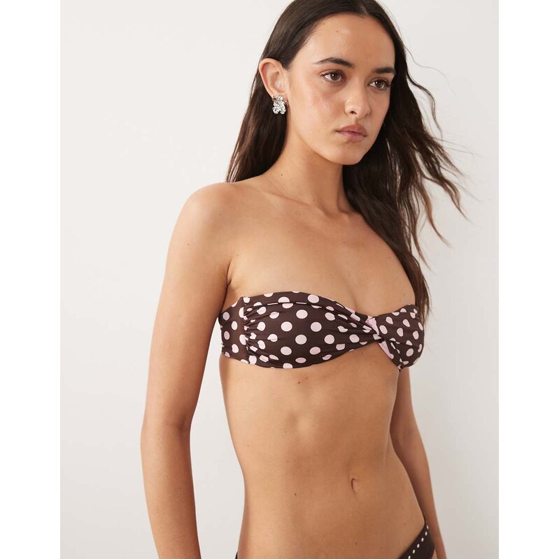 Mango ruched tie back polka dot bandau bikini top in brown 115414339