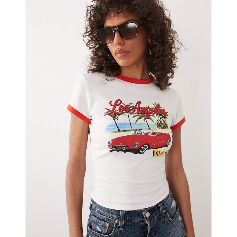 ASOS DESIGN Baby tee ringer with car graphic in red and white