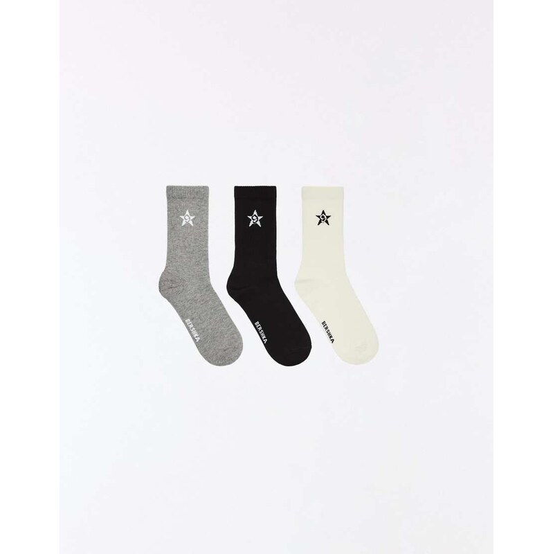 Bershka 3 pack star print tricolour socks in light grey 115414348