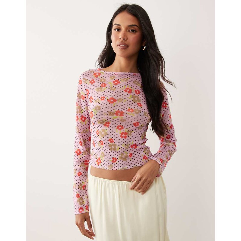 ASOS DESIGN printed mesh long sleeve top in ditsy floral-Multi