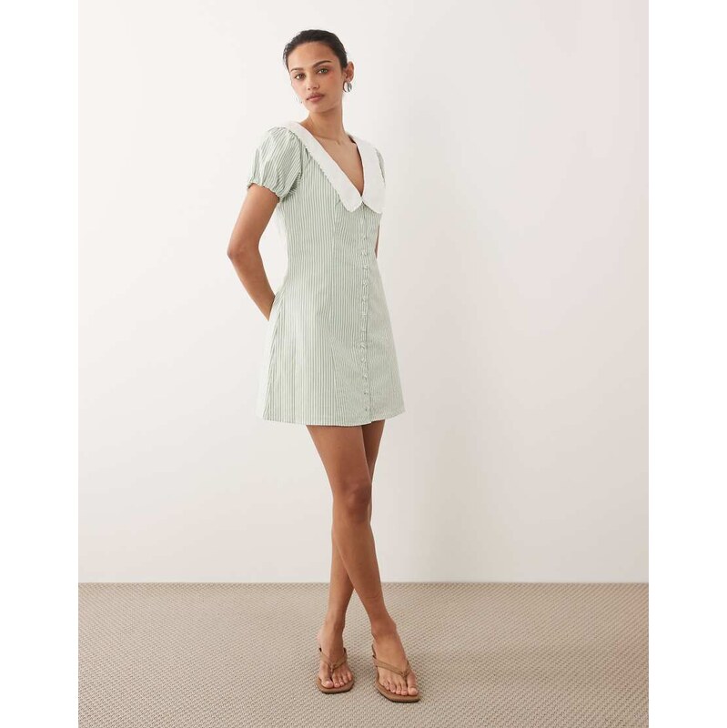 Abercrombie & Fitch collared puff sleeve mini dress in green stripe 115555204