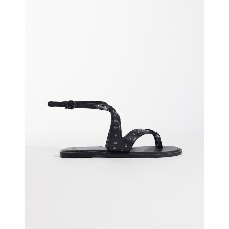 Mango Teen 100% leather strappy flat studded sandal in black