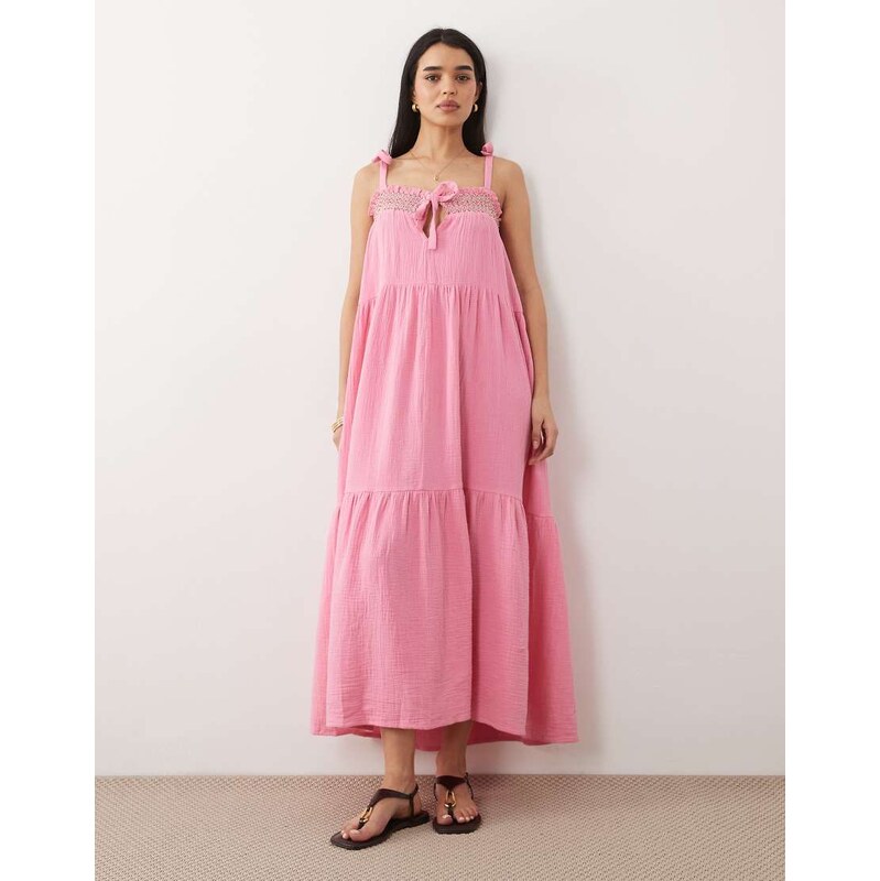 Iisla & Bird maxi beach dress with shirring detail in pink 115414979
