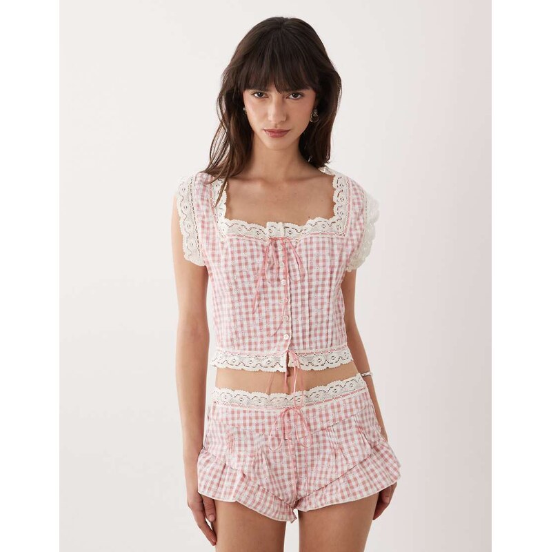 Wild Lovers Mireille button front top with lace detail in pink gingham 115415033
