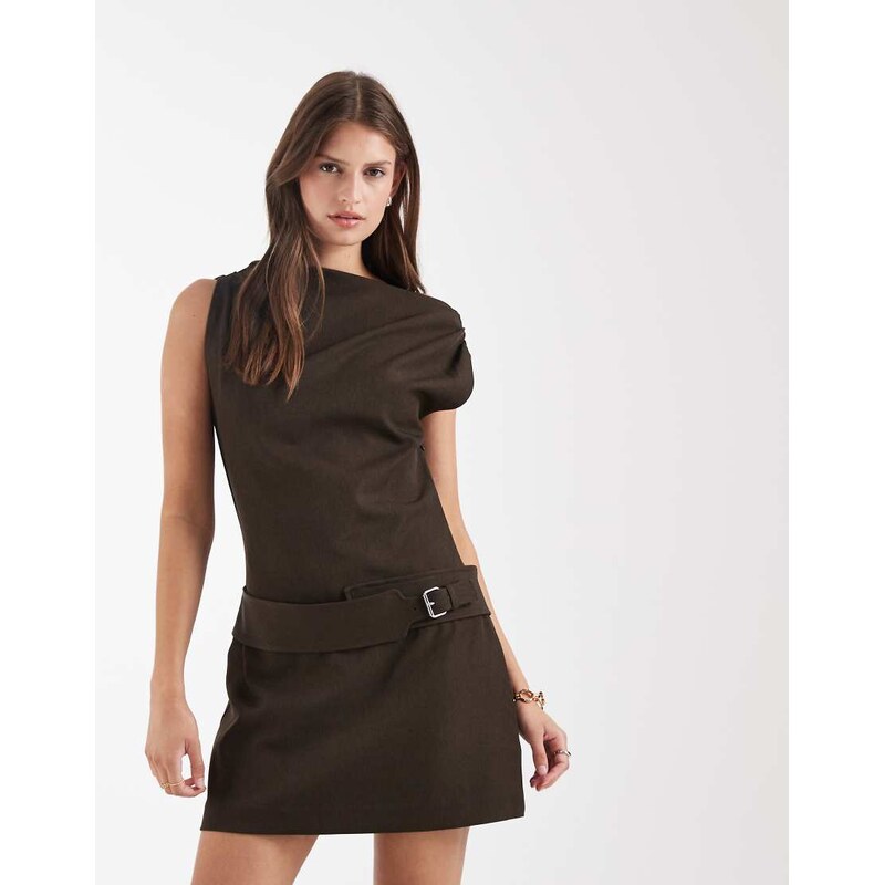 Laagam zola short sleeve belted mini dress in brown
