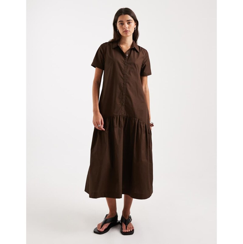 Threadbare poplin tiered midi shirt dress in chocolate brown-Black 115414908