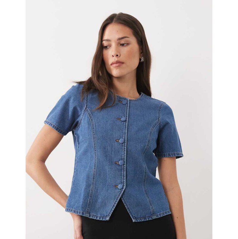 Threadbare short sleeve denim button through top in mid wash