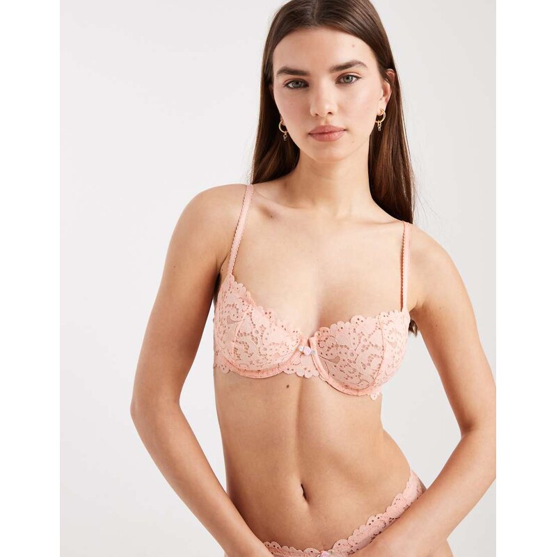Lindex Billie lace non padded underwired balconette bra in light coral 115414946