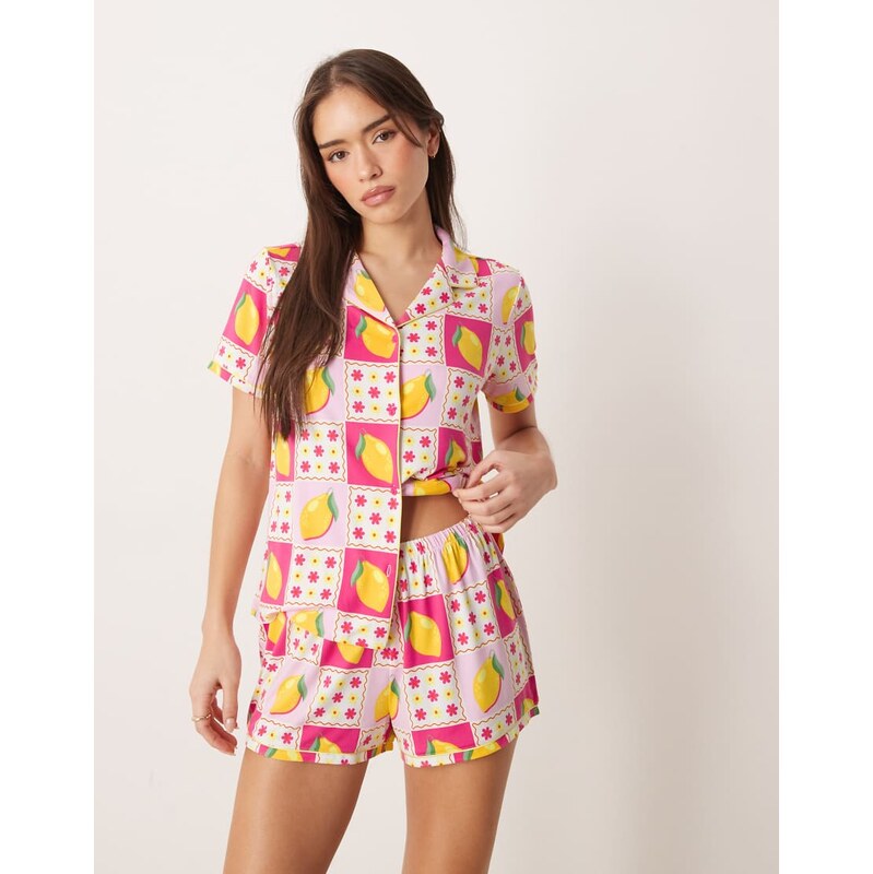 Urban Threads jersey revere top and short pyjama set in pink and