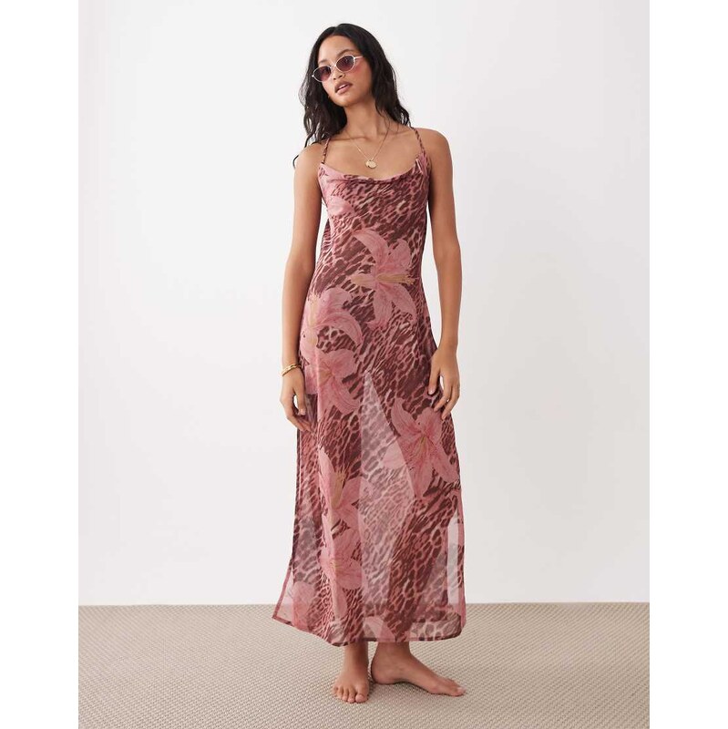 Aray sheer maxi beach dress in leopard floral print-Brown 115414962