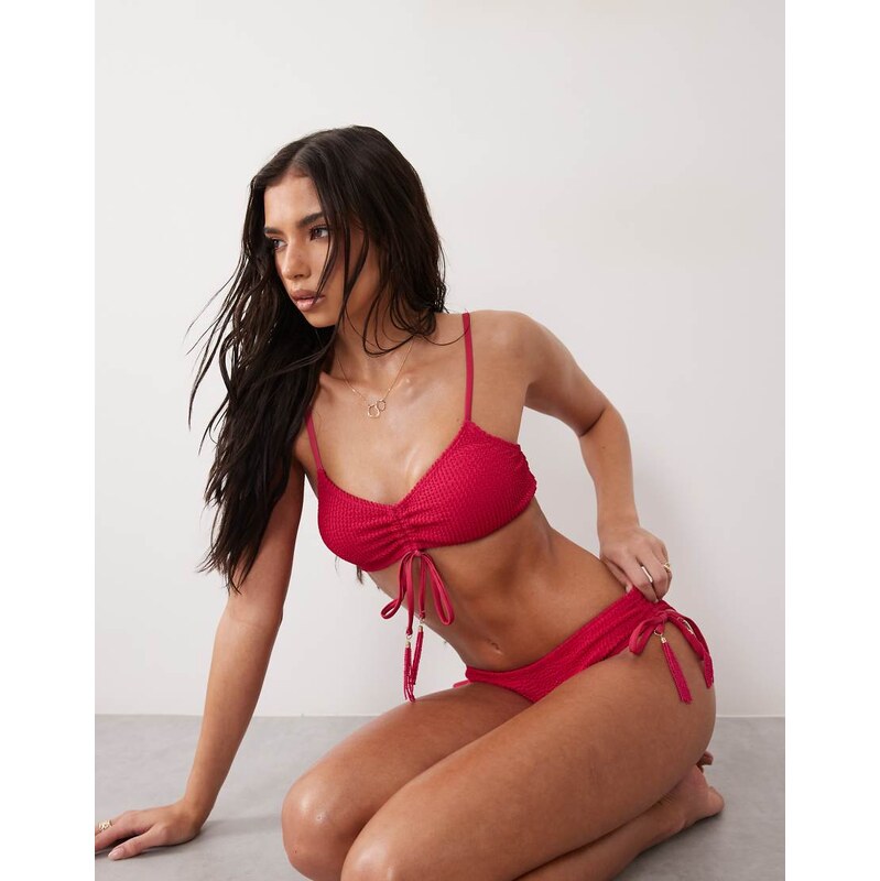 Aray textured ruched top bikini set in dark pink 115414999