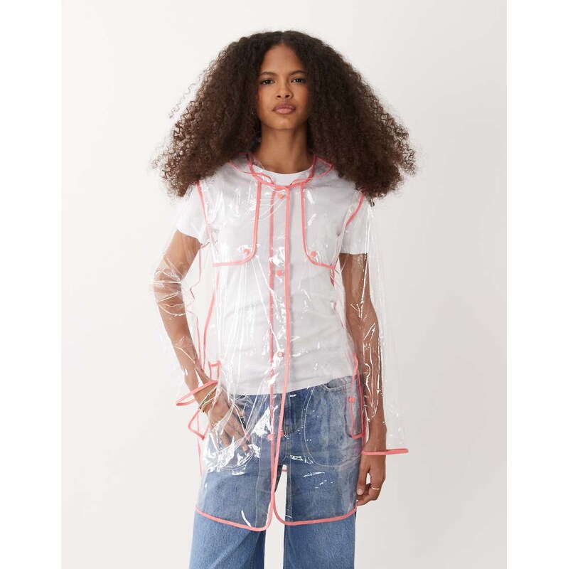 Brave Soul clear festival rain mac with pink seam detail-Black 115415013